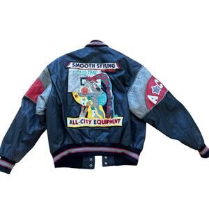 ACE All City Equipment 90s Black Leather Basketball Patch Bomber Jacket Flaws